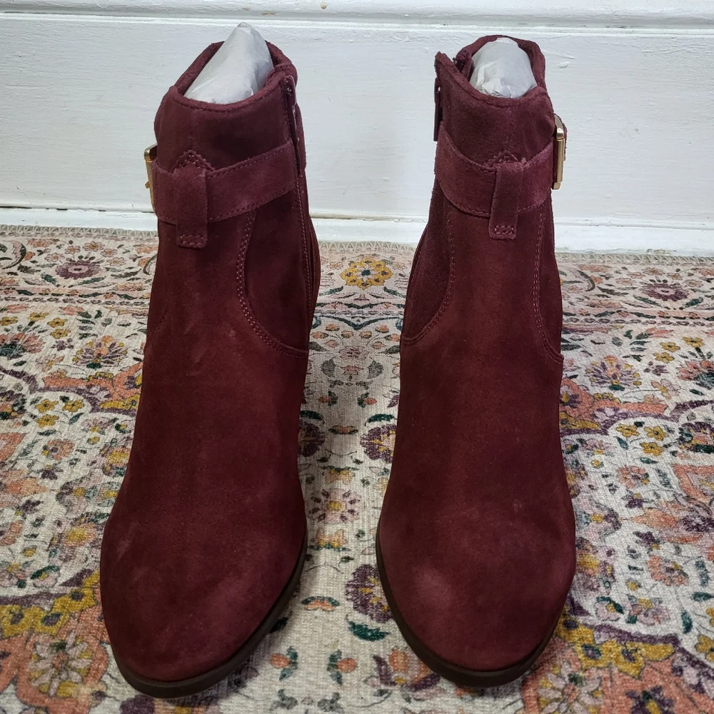 Suede Leather Red - Brown Burgundy Ankle Boots Sleek Bootie Buckle Size 8